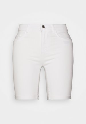 Shorts de mezclilla blanca con dobladillo enrollado, bolsillos delanteros, cremallera y cierre de botón metálico. Textura suave y corte ajustado.
