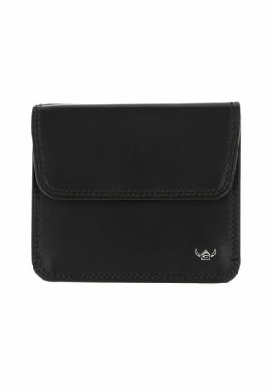 Black leather wallet with flap closure and small silver logo in bottom right corner, plain white background.