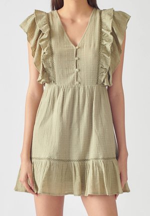 Sleeveless light olive dress with V-neck, front buttons, ruffled shoulders, lace trim, and a gathered ruffle hem.
