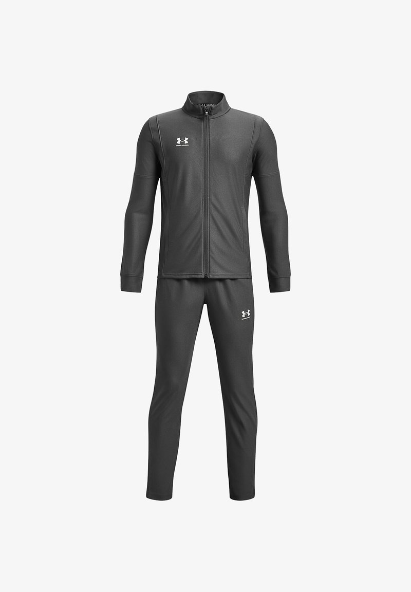 Gray athletic tracksuit made of smooth, stretch fabric; features a zip-up jacket with long sleeves and fitted pants, accented with logo.