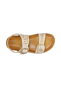 Beige Sandale mit geflochtenen Riemen und doppelten Schnallen. Glatte Lederinnensohle und dezente braune Akzente. Offenes Zehen- und Fersen-Design.