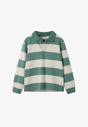 Grøn- og cremefarvet, langærmet poloshirt med striber og krave, har ribbede manchetter og sidesplit ved kanten. Lavet af blødt stof.