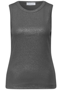Szary top bez rękawów o lekkim połysku, z okrągłym dekoltem i dopasowanym krojem. Gładka faktura, bez widocznych wzorów czy zdobień.