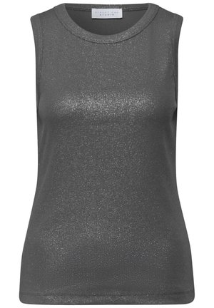 Szary top bez rękawów o lekkim połysku, z okrągłym dekoltem i dopasowanym krojem. Gładka faktura, bez widocznych wzorów czy zdobień.