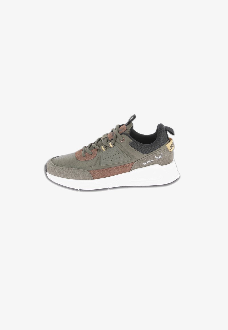 Green and brown sneaker with a textured upper, featuring mesh panels and a white midsole. Black accents and logo detail on the heel.