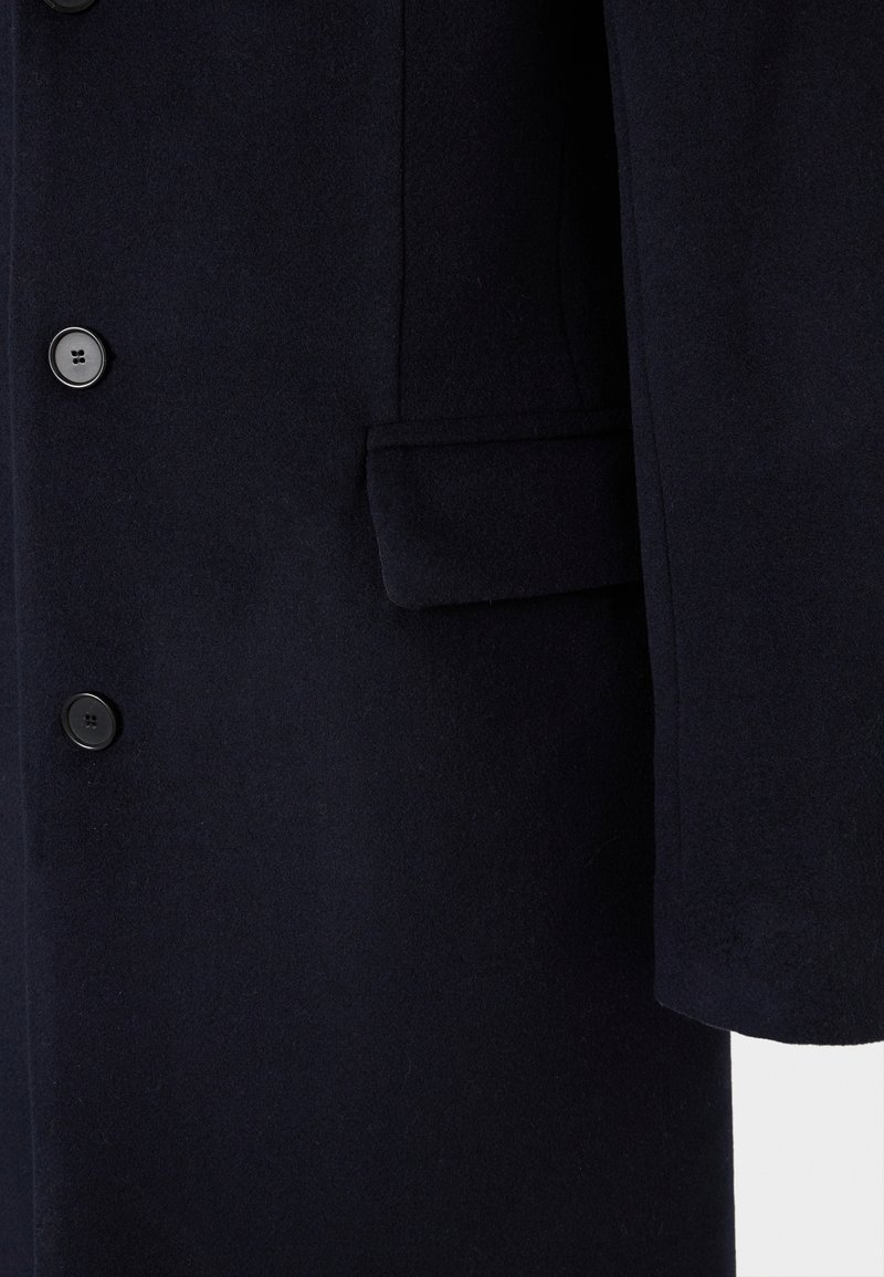 Navy wool coat featuring a single breast design, six black buttons, and a side pocket with a smooth texture.