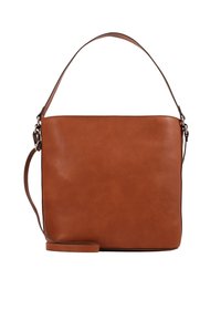 Bolso de mano de cuero marrón con textura suave, forma rectangular, una correa corta para el hombro y una correa larga ajustable. Sin herrajes visibles.