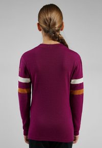 Purple long-sleeve sweater with white and orange stripes on sleeves, round neckline, and smooth texture; viewed from the back.