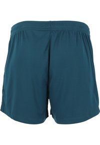 Mørk teal elastisk talje sportsshorts set bagfra mod en hvid baggrund.
