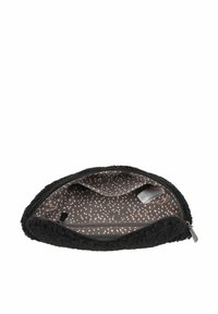 Sacca nera in peluche con una zip liscia, dotata di una fodera interna a pois rosa e una tasca aggiuntiva per l'organizzazione.
