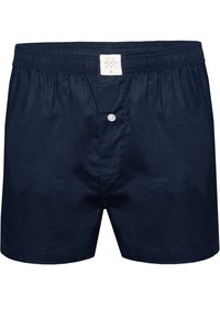 Dunkelblaue Baumwoll-Boxershorts mit einem elastischen Bund, einem einzelnen Knopfverschluss und einer glatten Textur. Verfügt über minimale Nähdetails.