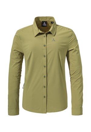 Light green long-sleeve shirt with a collar, button-front closure, and chest pocket. Features a logo on the left side. Made of smooth fabric.