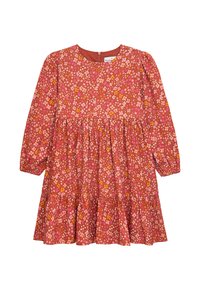 Rotes Blumenkleid mit langen Ärmeln, rundem Halsausschnitt und gerafftem Rock. Mit pinken und orangefarbenen Blumen auf einem strukturierten Hintergrund. Hinterer Reißverschluss.