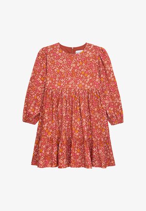 Rotes Blumenkleid mit langen Ärmeln, rundem Halsausschnitt und gerafftem Rock. Mit pinken und orangefarbenen Blumen auf einem strukturierten Hintergrund. Hinterer Reißverschluss.