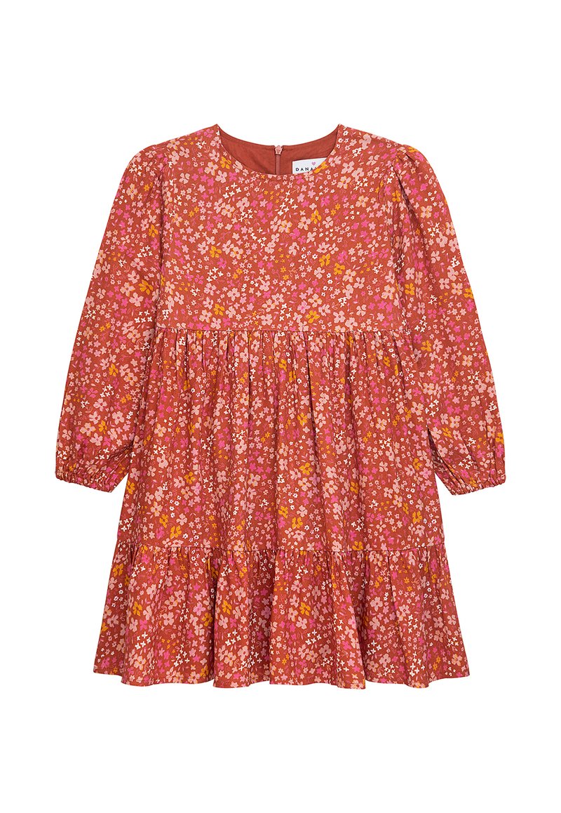 Rotes Blumenkleid mit langen Ärmeln, rundem Halsausschnitt und gerafftem Rock. Mit pinken und orangefarbenen Blumen auf einem strukturierten Hintergrund. Hinterer Reißverschluss.