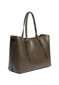 Borsa a tracolla in pelle verde oliva con una forma strutturata, doppie spalline e dettagli di cucitura sottili. Texture liscia con hardware minimal.