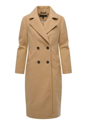 Abrigo de mezcla de lana beige con diseño de doble botonadura, gran solapa, botones negros, bolsillos laterales y mangas largas.