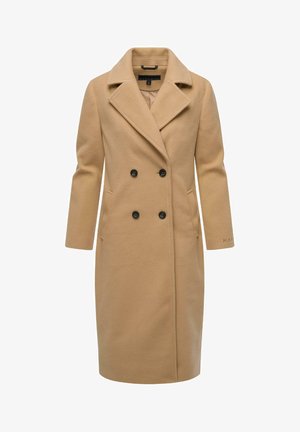 Beige wool blend coat with a double-breasted design, large lapel, black buttons, side pockets, and long sleeves.