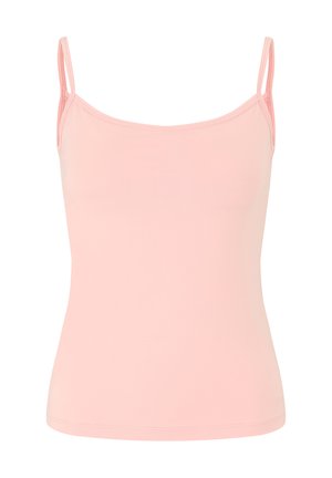 Top de tirantes finos en un suave tono rosa claro, confeccionado con una tela elástica y lisa. Cuello redondeado, diseño ajustado y bordes sin costuras.
