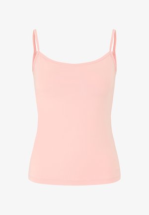 Top de tirantes finos en un suave tono rosa claro, confeccionado con una tela elástica y lisa. Cuello redondeado, diseño ajustado y bordes sin costuras.