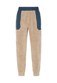 Pantalones joggers de forro polar beige con paneles laterales de nylon azul y cinturilla elástica. Presenta bolsillos con parche y puños elásticos en los tobillos.