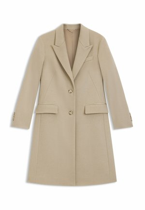 Beige lange jas van textuurstof, met een piekbel lapel, twee voorzakken en knoopsluitingen. Eenvoudig, op maat gemaakt ontwerp.