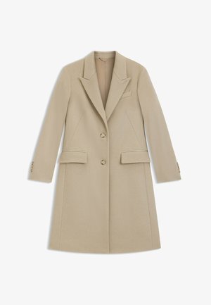 Beige long coat made of textured fabric, featuring a peaked lapel, two front pockets, and button closures. Simple, tailored design.
