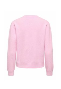Pull rose pâle à manches longues vu de dos avec poignets et ourlet côtelés, présentant un design simple et uni.