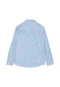 Lichtblauwe shirt met dunne verticale strepen, lange mouwen, knoopmanchetten, een klassieke kraag en een gebogen onderrand. Achteraanzicht weergegeven.