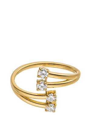 Gold ring with three split bands, each featuring a single round diamond set in prongs, displayed against a white background.
