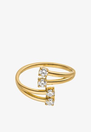 Gold ring with three split bands, each featuring a single round diamond set in prongs, displayed against a white background.