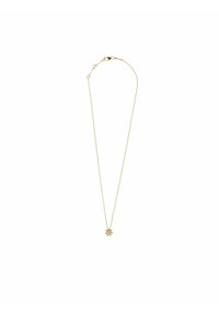 Collana oro con una delicata catenina e un piccolo ciondolo floreale al centro, dotato di sei dettagli simili a petali.