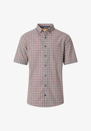 Koszula z krótkim rękawem, zapinana na guziki, z wielokolorowym wzorem w kratkę, niebieskimi guzikami oraz kieszenią na piersi. Wykonana z lekkiego materiału.