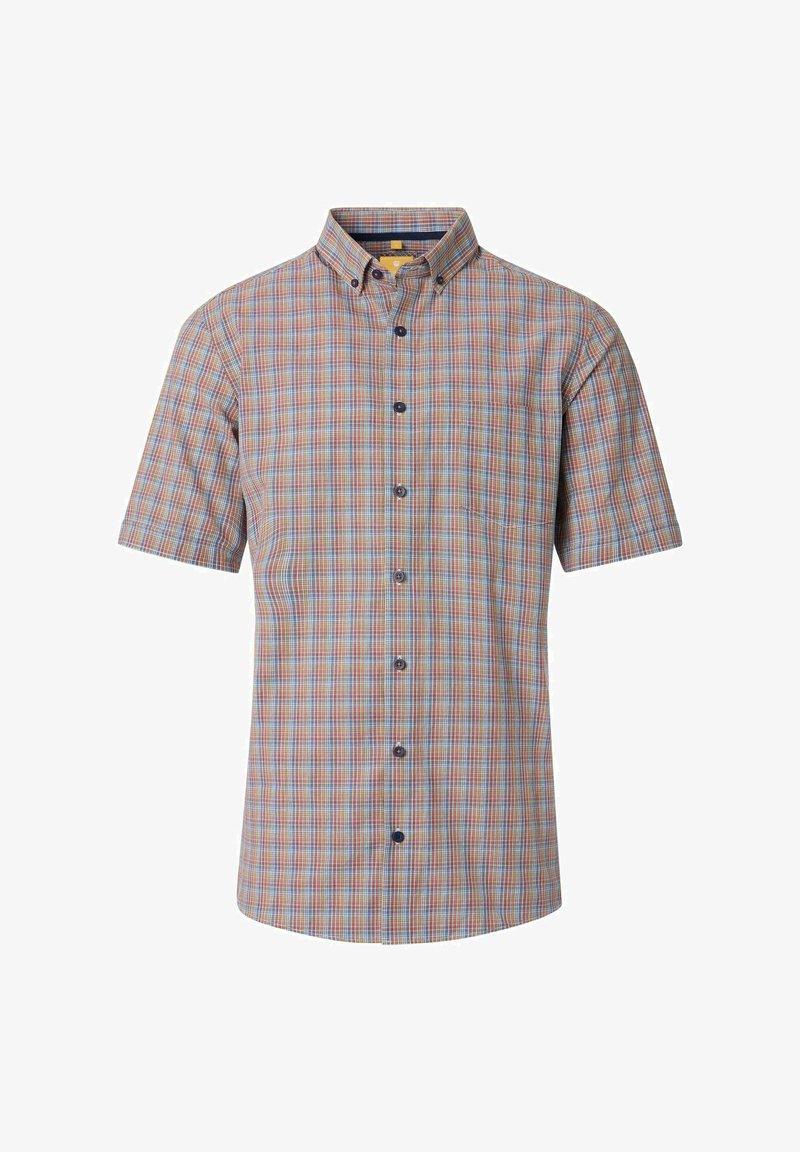 Korte mouwen, overhemd met knopen, voorzien van een multikleurig ruitpatroon, blauwe knopen en een borstzak. Gemaakt van een lichtgewicht stof.