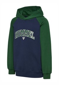 Bluza z kapturem w kolorze granatowym z zielonymi rękawami raglanowymi, z logo "HUMMEL" w białym i zielonym na przodzie. Materiał mieszany bawełnowy.