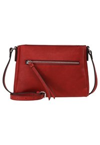 Czerwona skórzana torba na ramię o płaskim, prostokątnym kształcie. Posiada przednią kieszeń na zamek oraz odpinany pasek z regulowaną długością.