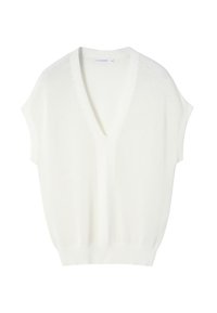 Bílá pletená vesta bez rukávů s hlubokým výstřihem do V a žebrovaným lemem, velikost malá, položena na bílém pozadí.