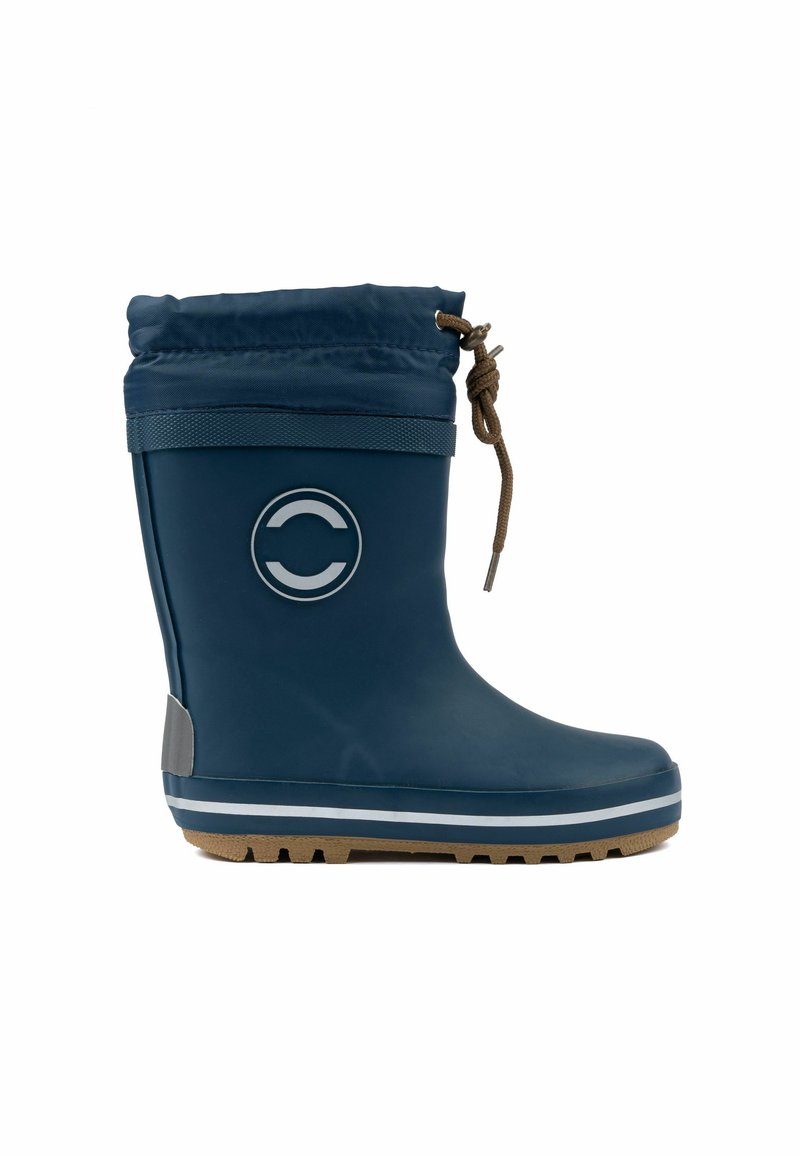 Botte en caoutchouc imperméable bleu marine avec une finition texturée, un haut cintré, un cordon brun réglable et un accent gris près du talon.