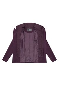 Manteau violet avec une doublure matelassée, ouverture sur le devant, et large col. Doté d'une texture extérieure douce et de poches intérieures.
