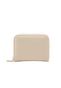 Beige leather wallet with zipper closure, embossed logo on the front, smooth texture, and gold hardware detail. Compact and rectangular design.