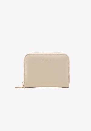 Beige leather wallet with zipper closure, embossed logo on the front, smooth texture, and gold hardware detail. Compact and rectangular design.