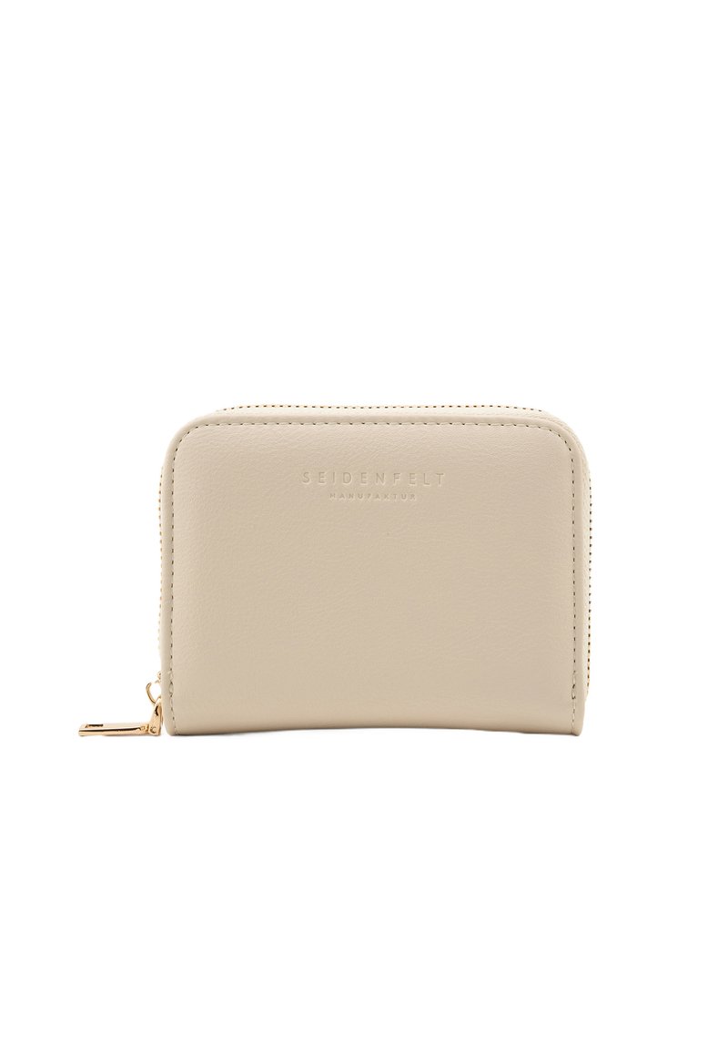 Beige leather wallet with zipper closure, embossed logo on the front, smooth texture, and gold hardware detail. Compact and rectangular design.