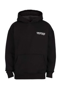 Schwarzer Kapuzenpullover mit Fronttasche und weißem "DROPSIZE Hustle Lifestyle" Text auf der oberen linken Brust.