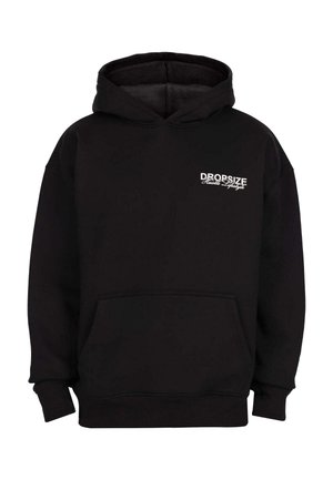 Hanorac negru cu glugă, cu buzunar frontal și text alb "DROPSIZE Hustle Lifestyle" pe partea superioară stângă a pieptului.