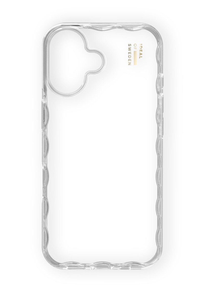 Transparent telefoncover med en bølget tekstureret kant og en cirkulær kamerahul. Har guld branding på bagsiden, minimalistisk design.