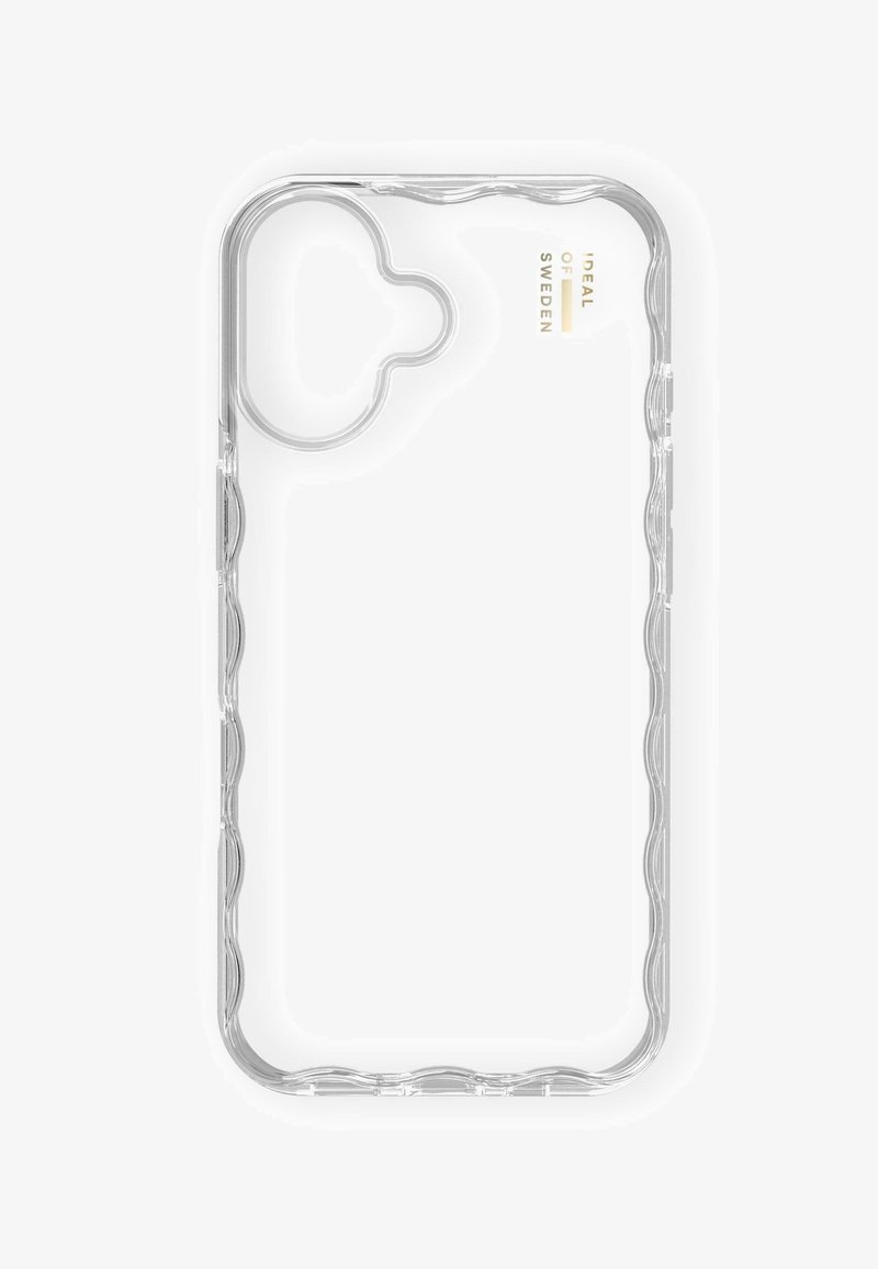 Transparent telefoncover med en bølget tekstureret kant og en cirkulær kamerahul. Har guld branding på bagsiden, minimalistisk design.