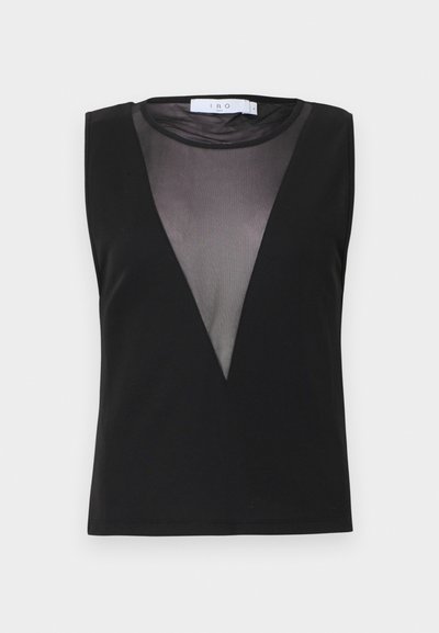 Haut noir sans manches avec un panneau en maille transparente à l'avant, un décolleté en V profond et un dos uni. Texture lisse, détails minimalistes.