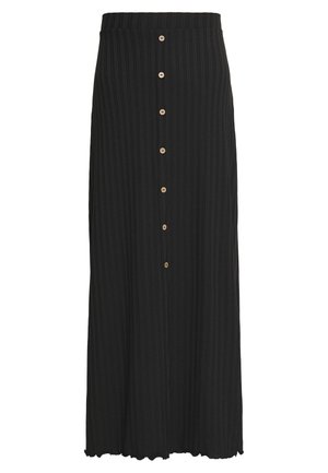 Black pleated maxi skirt with elastic waistband and a vertical row of light buttons down the front center.