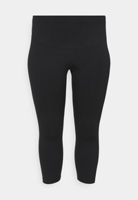 Czarne legginsy capri wykonane z elastycznego materiału. Charakteryzują się wysokim stanem i gładką teksturą, skrojone w dopasowanym fasonie.