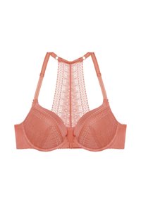 Soutien-gorge corail avec armatures et détails en dentelle. Doté d'un dos haut et de bretelles réglables. Texture lisse avec bords festonnés.